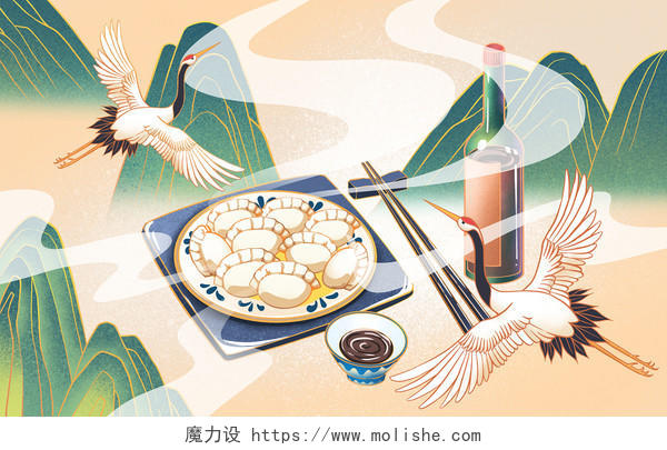 国潮饺子手绘国潮立冬美食原创插画海报